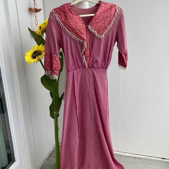 Antique Dresses & Skirts - Vintage Antique Edwardian Cream Lace & Mauve Pink A-Line Empire Waist Maxi Dress